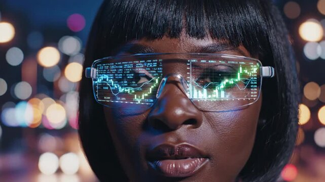 Woman analyzing financial data via augmented reality glasses in closeup view. Futuristic holographic charts and graphs overlay on her face in urban night setting. Technology concept for business