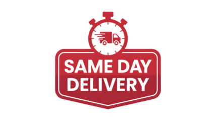 A red same day delivery icon with a truck inside of a clock on a black background image design