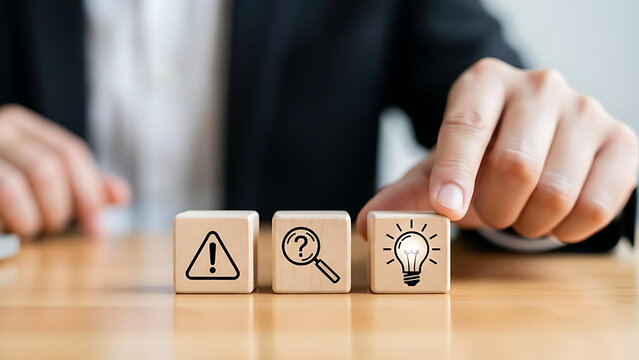 Solving problems with creative ideas, businessman finds innovative solutions, moving from risk assessment to inspiration on wooden blocks for business growth - Powered by Adobe