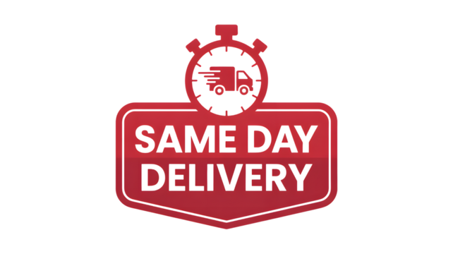A red same day delivery icon with a truck inside of a clock on a black background image design
