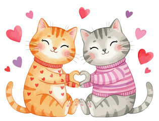 Cute cat couple love heart hands watercolor illustration. Valentine's Day kittens making heart sign in sweaters art. Two happy romantic cartoon cats holding paws. Pet romance: sweet cats in love