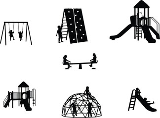 Playground silhouettes collection, kids playing on swing, climbing wall, slide tower, seesaw, jungle gym, dome climber, outdoor play set icons, park vectors, educational recreation shadow graphics