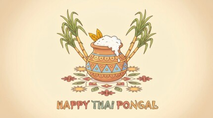 cartoon desktop wallpaper template for thai pongal festival illustration template featuring pongal pot with overflowing milk and sugarcane on light neutral background with soft vignette