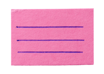 Piece of blank sticky ruled pink paper note with rough texture and lines for copy space for text, isolated cut out transparent png background design element
