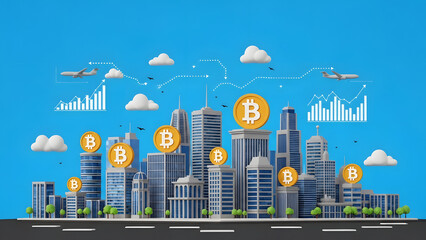 Bitcoin cryptocurrency concept over a modern city skyline illustration