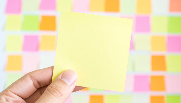 Marketing plan brainstorming sticky strategy business idea creativity note planning teamwork bright yellow note held by hand with colorful notes