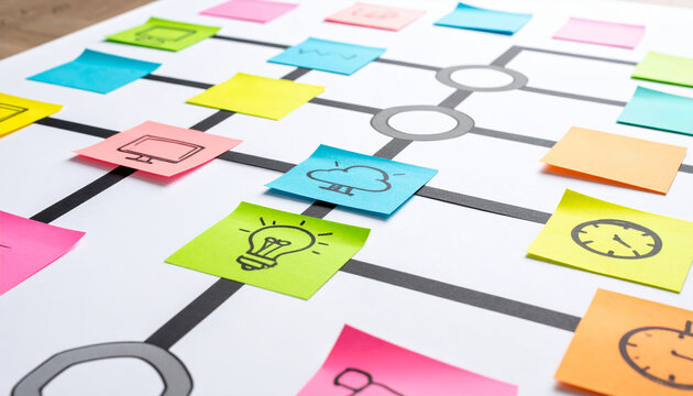 Marketing plan brainstorming sticky strategy business idea creativity note planning teamwork lightbulb on colorful note organized flowchart - Powered by Adobe