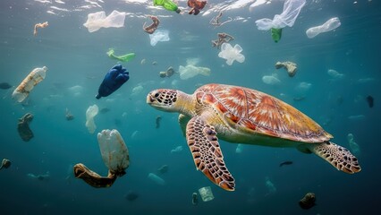 Fototapeta premium Sea turtle amidst ocean pollution highlighting marine conservation