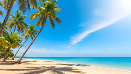 Fototapeta premium A beautiful tropical beach scene with palm trees, white sand, and a clear blue sky, perfect for relaxation.