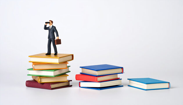 Binoculars vision future business strategy looking search opportunity success focus standing stacked book pile with miniature businessman holding