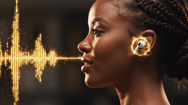 Side profile of African American woman wearing wireless earbuds while speaking. Golden sound waves emerge from her mouth in dynamic sequence. Technology visualization for music listening and voice