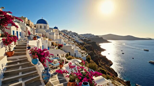 Santorini village with blue dome church overlooking the sea at sunset, 4k