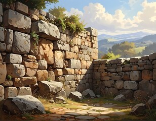 Ancient stone walls in a sunny countryside landscape evoking history and travel