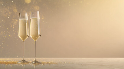 Minimalist new year banner with crystal champagne flutes and golden sparkles