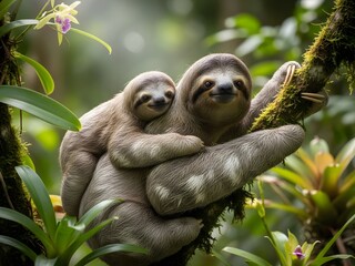 Naklejka premium Sloth mother and baby hugging in lush green foliage environment