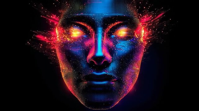 Glowing pixelized face with vibrant colors and digital effects depicting an abstract human figure in a creative concept