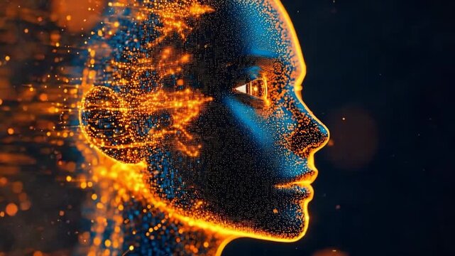 Glowing pixelized face with vibrant colors and digital effects depicting an abstract human figure in a creative concept
