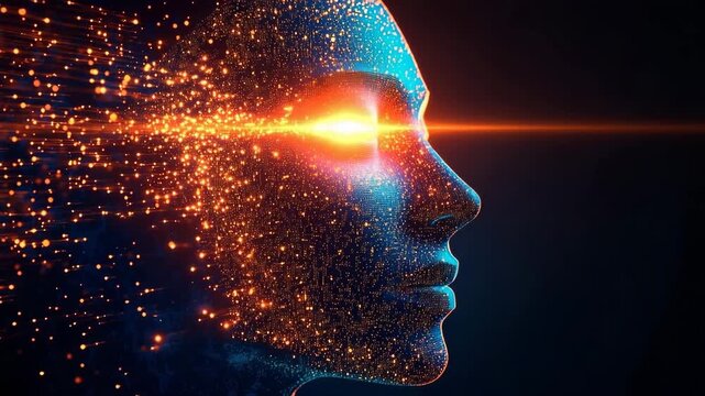 Glowing pixelized face with vibrant colors and digital effects depicting an abstract human figure in a creative concept