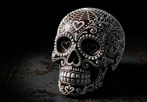ornate calavera sugar skull made of chocolate with white icing decoration. dia de los muertos, day of dead holiday. mexican tradition. banner, poster.