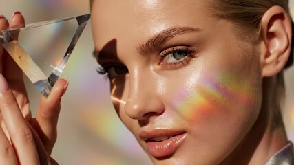 Woman holding glass prism to her face creating rainbow light effects. Close-up beauty demonstration with optical refraction. Technology for advertising innovative skincare and cosmetics.