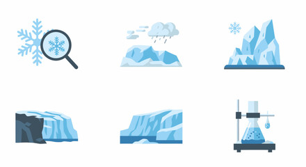 Obraz premium Six vector illustrations depicting ice, snow, and cold weather elements, including a snowflake under a magnifying glass and melting ice.