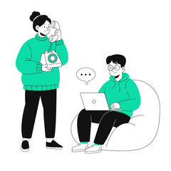 Modern teamwork showing digital workflow and online communication with laptop and smartphone in a relaxed environment, originally vector graphics