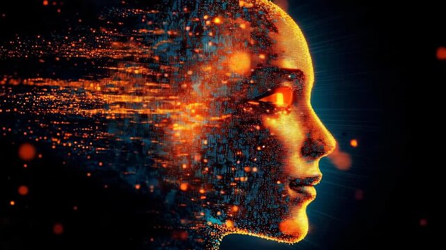 Glowing pixelized face with vibrant colors and digital effects depicting an abstract human figure in a creative concept
