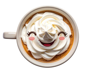 Whimsical Smiley Mug With Overflowing Whipped Cream, Top-Down Cozy Angle, Isolated