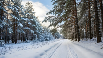 A snow-covered road winds through a forest of tall pine trees on a bright winter day.