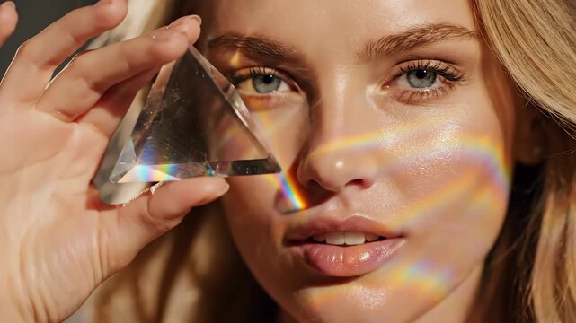 Woman holding glass prism to face creating rainbow light reflections. Close-up beauty sequence with refractive glow. Artistic visual effects for advertising and innovative optics concept.