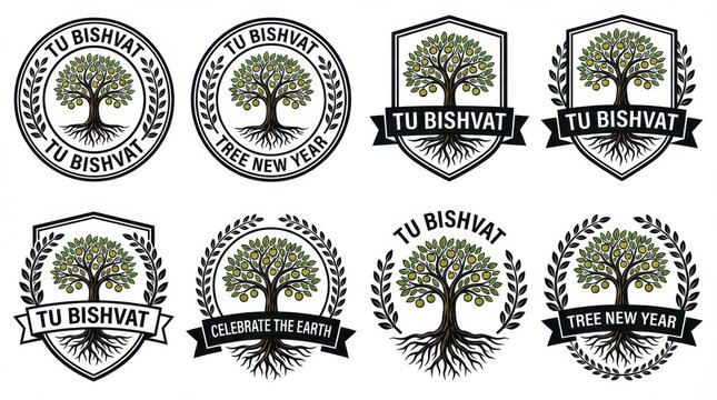 bold badge and emblem set template for tu bishvat tree new year illustration template featuring tree with many small fruits and roots visible on pure white background isolated for easy use