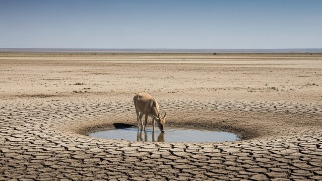 Solitary antelope in arid landscape drinking from water hole - Powered by Adobe