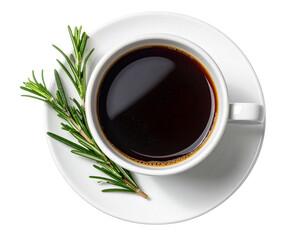 Top-Down Flat Lay of Black Coffee in Cup With Rosemary Garnish on Saucer, Minimalist Composition, Isolated