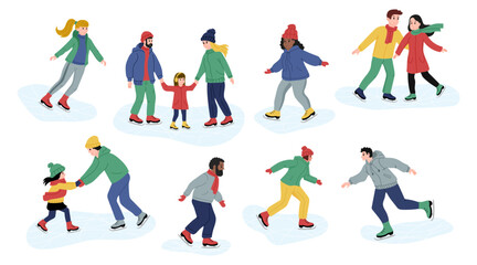 Set of people skating in winter, winter sports on white background