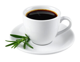  Black Coffee Cup With Rosemary Sprig on Saucer, Clean Front View, Isolated on Transparent Background