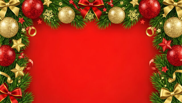 christmas background with fir tree branches and balls - Powered by Adobe