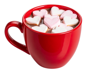 Red Mug Filled With Heart-Shaped Marshmallows in Hot Chocolate, Front View, Isolated on Transparent Background