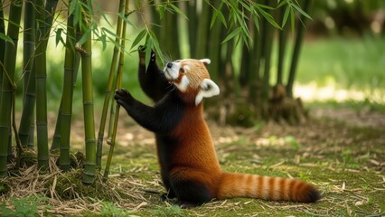 Red panda feeding in bamboo forest
