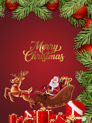 christmas card with santa claus and christmas branches on red background, christmas decoration, vector illustration.