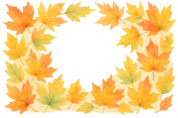 Autumn maple leaves forming a decorated watercolor border, seasonal fall foliage frame on transparent background
