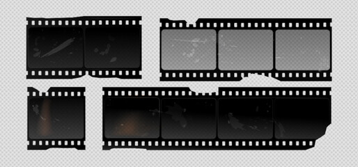 Torn vintage film strips set isolated on transparent background. Vector realistic illustration of old photo or movie frames with damaged edges, retro camera borders, black filmstrip, cinema filmmaking