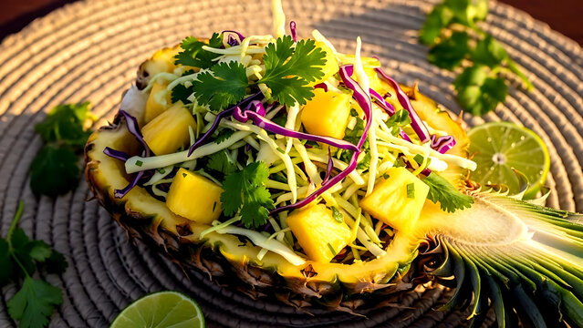 Still life, Vibrant and colorful street food. Colombian ensalada de repollo con pi&ntilde;a, shredded cabbage with juicy pineapple chunks, cilantro, lime dressing, in a hollowed-out pineapple 