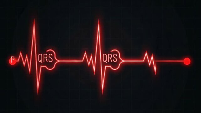 Red Neon Heartbeat EKG Line with QRS Complex on Black Background.