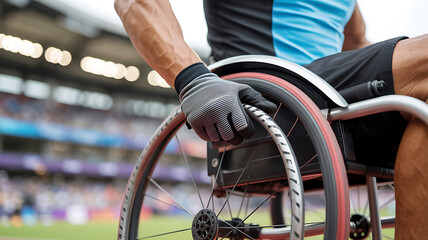 Athlete pushing racing wheelchair during competition on track and field