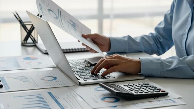 Financial report analysis tax budget financial accounting business corporate investment economy strategy professional reviewing charts reports typing laptop with calculator and papers while planning