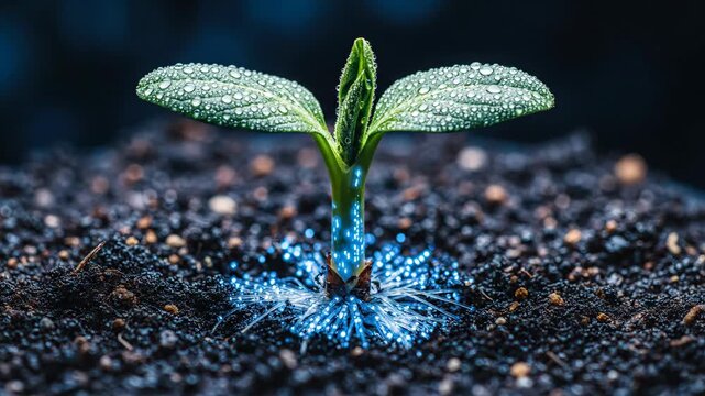 Young green sprout emerging from dark soil with blue nourishing liquid. Macro cinematic sequence showing plant growth and development. Symbol of renewal and vitality in nature for advertising and
