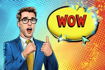 Exciting reaction to surprising news office digital art colorful background close-up engagement