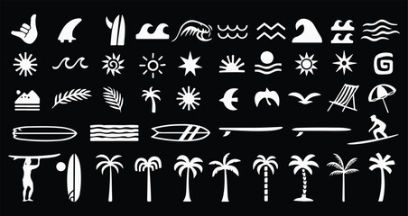 Surf and beach icon vector set with tropical elements like palm trees, waves, surfboards, and sun. Perfect for summer designs vector art