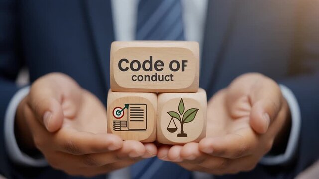 Code of conduct business concept on wooden blocks in businessman hands. Ethics and respect in working collective. 4k video
