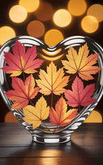 Colorful autumn maple leaves in a glass heart shaped vase setting